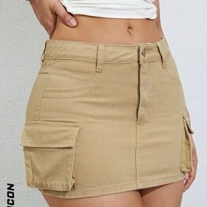 Flap Pocket Cargo Denim Mini Skirt - Khaki